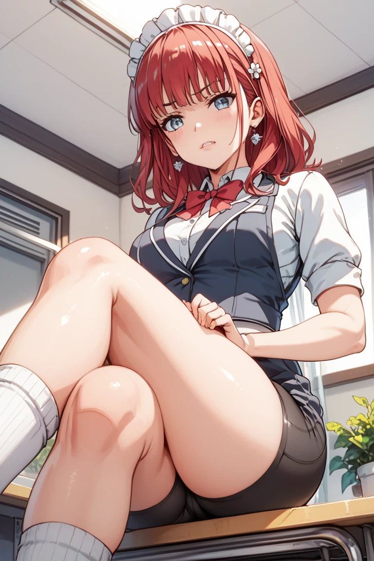 Maki Nishikino、lovelive 、share indirect write、One girl in a mini skirt, Sit with your legs wide apart、Looking down at the viewer, Plump thighs, Highest quality, Focus on the thighs, Spread your legs wide, smile, blazer, blouse, Grey panties、Black knee socks,  classroom,,My thighs are steaming between the legs 、Sweaty knee socks、Show the soles of your feet、Sweaty feet
