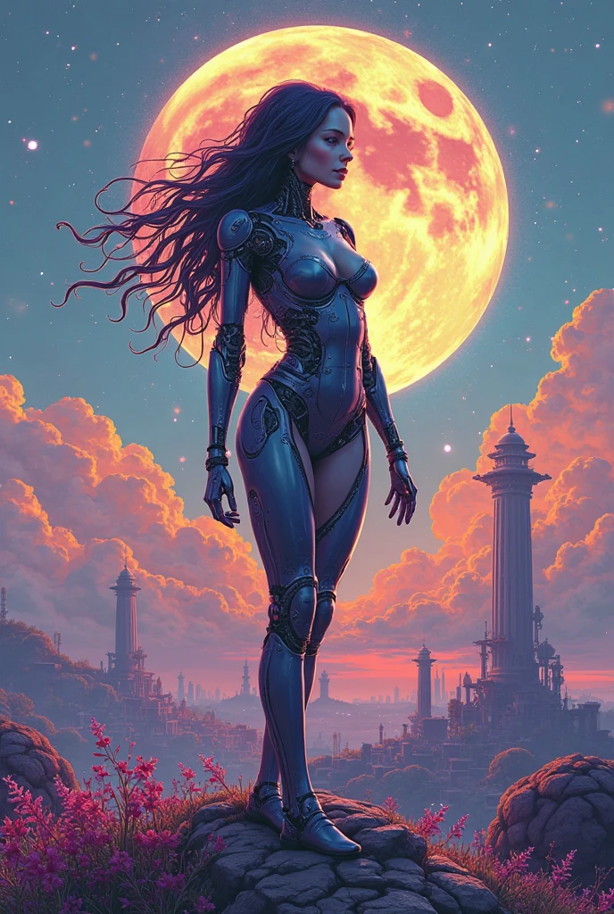 award winning digital art, dramatic lighting, full body shot, extremely detailed skin, a beautiful moon goddess, A moon deity, biomechanical, wearing an intricate high-tech bodysuit covering her entire body, spaceship, outer space, nebulae, retro futuristic, sci-fi, fantasy art, 80s fantasy movie style, Hans Ruedi Giger style, intricate mechanical details, glowing cybernetic enhancements, action pose, frank frazetta style, best quality, 8k, highres, masterpiece, ultra-detailed, realistic, photorealistic, HDR, UHD, studio lighting, ultra-fine painting, sharp focus, physically-based rendering, extreme detail description, professional, vivid colors