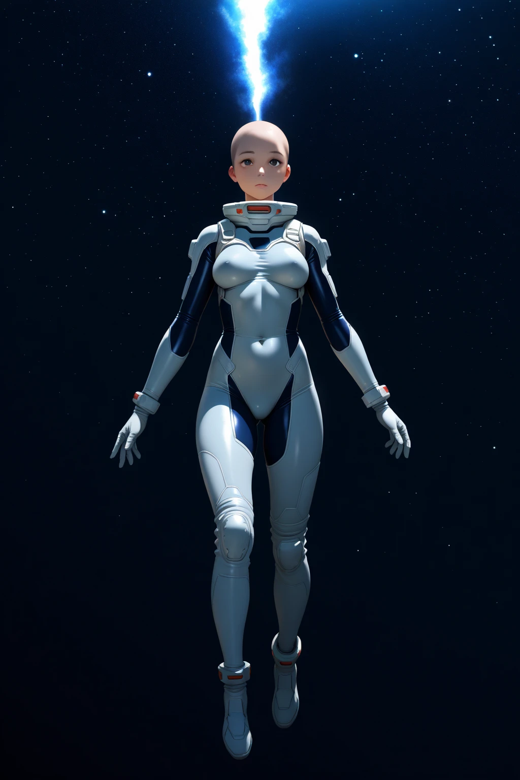 A female humanoid with big breast wearing an alien a high-tech closy white iridescent full body armor. Wearing an alien helmet from transparent glass and you can see galaxies and nebulas inside the transparent helmet. The humanoid stands on the surface of an asteroid and you can see the total black deep space full of millions of stars, distant planets and nebulas. Floating geometrical 3D shapes levitating above asteroid ground in close proximity from the ground. Realistic, hyperrealism, high resolution, extreme quality, volumetric lighting, extreme details, sharp details, 4k hdr