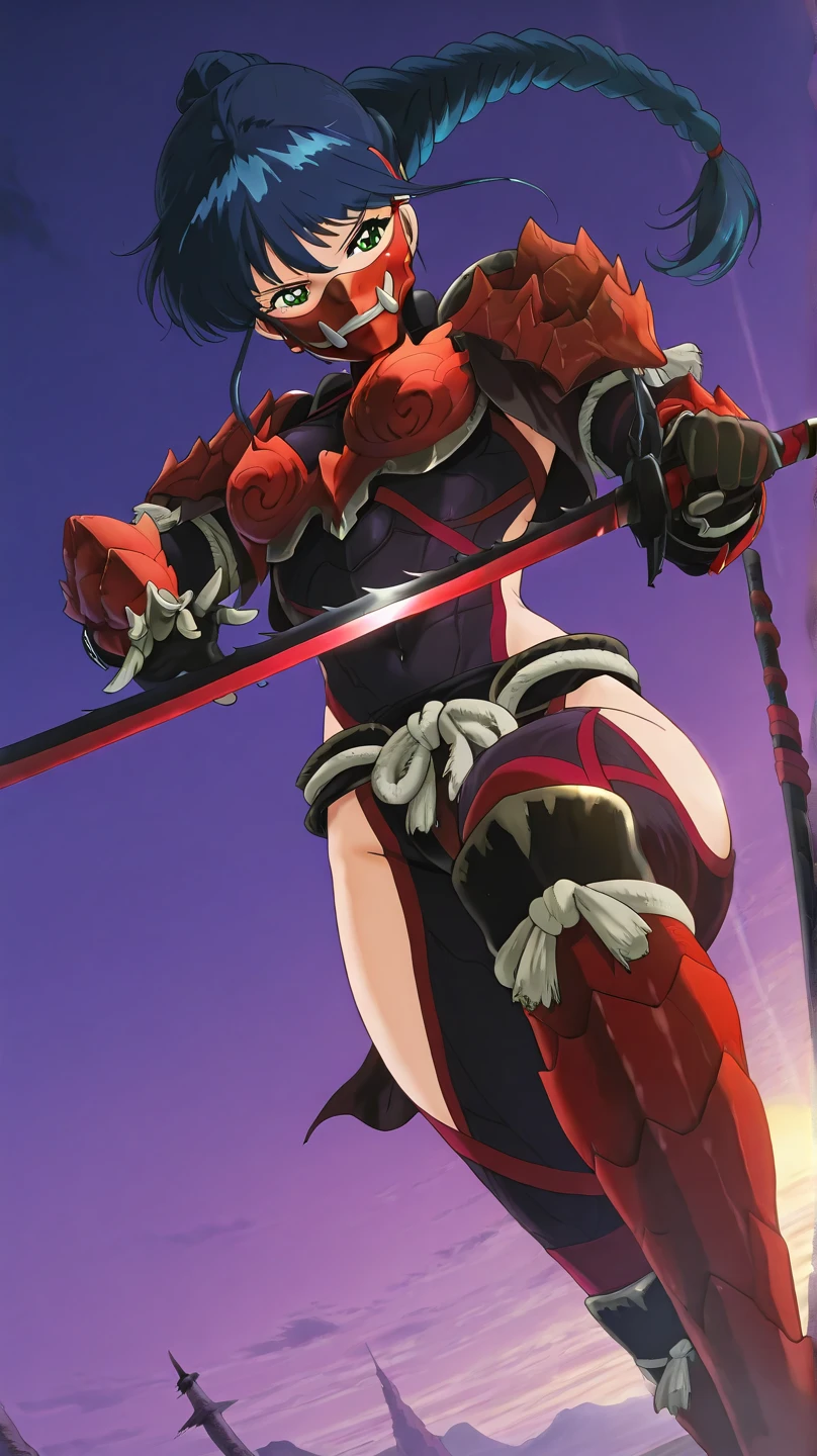 matoi ryuuko, dark armor, magical girl, dragon wings, kill la kill, red hair, large breasts, abs, wide hips, thick thighs, thick arms, pants, standing, black body suit, full body, boots,smile, pullover, miniskirt, black pullover,, black bodysuit, red hair, sword holding, bodysuit in the chest