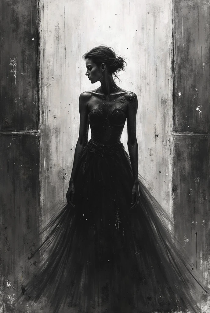 painting of a Sexy Girl and Crescent, Night, Lace Dress Black and White Picture, Dress Train Flies By Image (Art Inspired by Bill Sienkiewicz, Oil Painting), dark atmosphere, cinematic scene, volumetric lights, ultra realistic, in the style of nicola samori