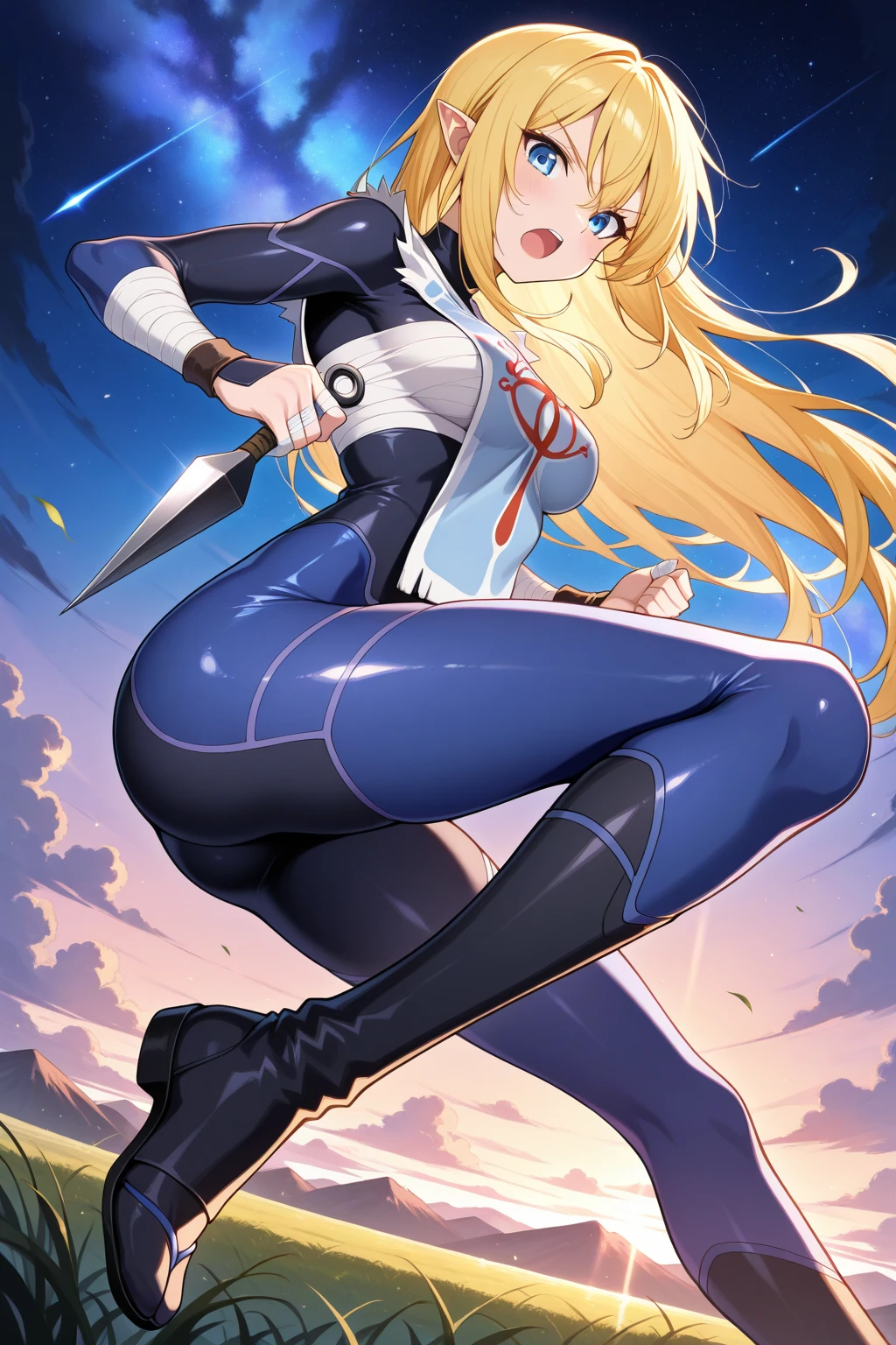 Blonde long hair woman, blue eyes, hide, slender, Thick legs, Wearing a tight black swimsuit、Wearing black gloves, With legs open,M-shaped legs,