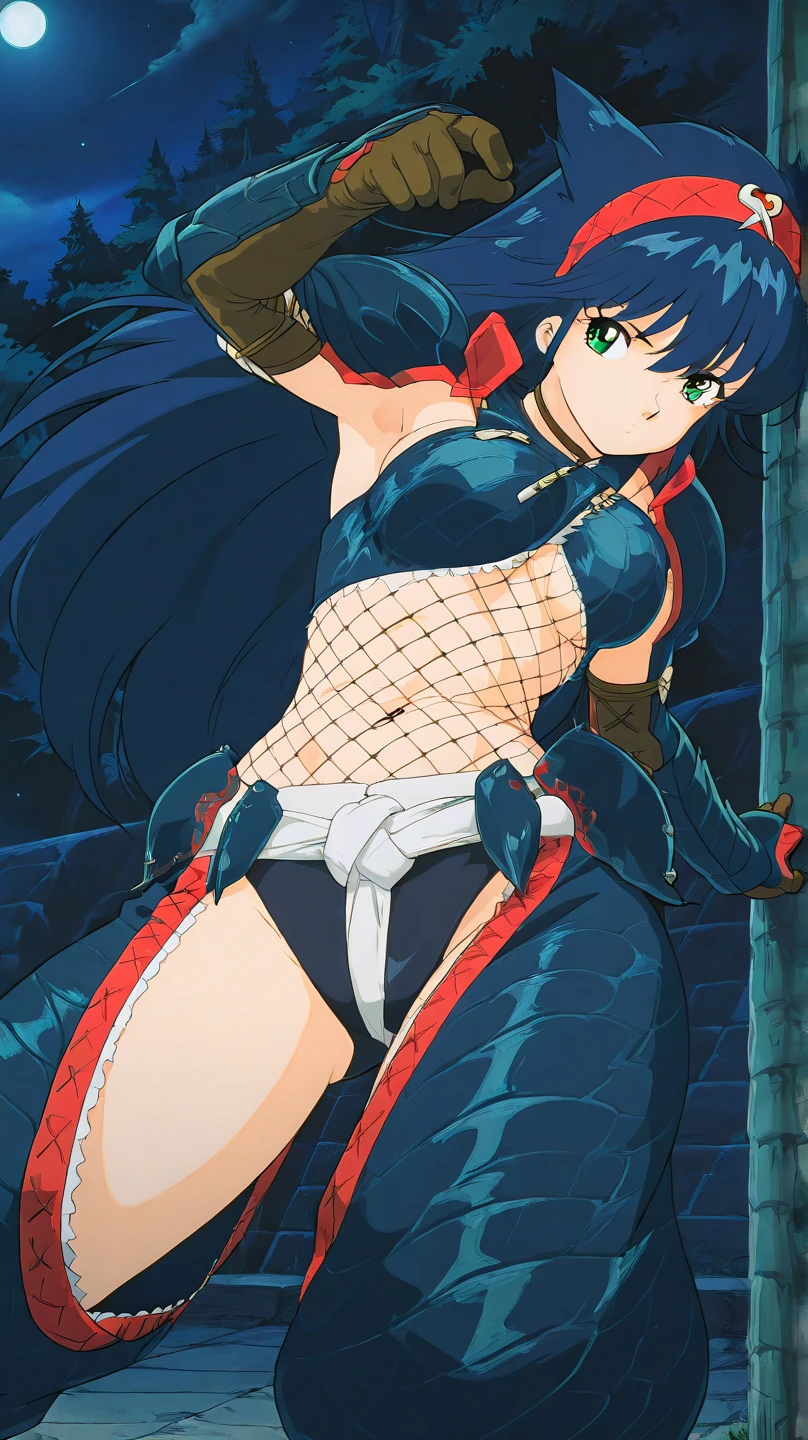 One person、Slender lizard man、masterpiece、Highest quality、Black body、There are scars on the body、Sharp Eye、Light blue lace underwear、Lace fabric bra、Knee-high socks、garter belt、Long, thin tail、Jumping in the night sky、Side view、Ass、The body is arched back