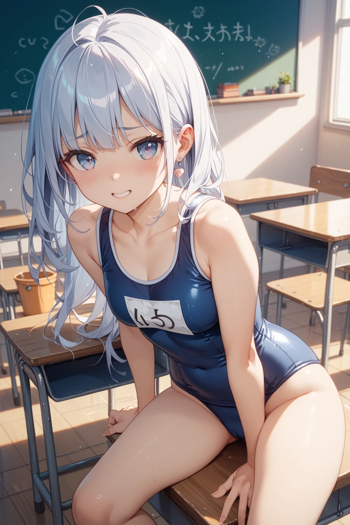 Masterpiece、Highest quality、1girl、Standing at the edge of the desk、Super detailed、nsfw　Headband、Flashy Hair　Ahegao　Beautiful eyes、Detailed depiction of the eyes　swim suit、Navy blue swimsuit　I am sweating profusely.　standing、Standing and on all fours、Put your hands on the desk、He pressed his lower body against the corner of the desk.、Attaching sexual body parts to the corner of the desk、vagina、Pussy、clitoris、Female organ、A lot of semen、table sex、SEX、Desk Sex、Masturbation、机の端角を使ってMasturbation、Intense sex　classroom、Sunset