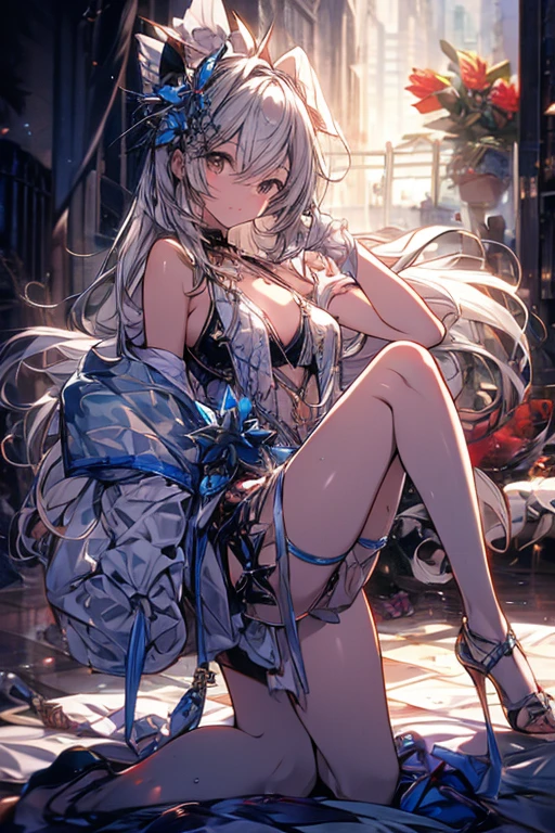 （Enrich the picture，Masterpiece level quality）Beautiful 8K CG artwork,1girl,solo,morgan le fay (fate),detailed face, perfect face, perfect eyes,blue eyes,Long Hair, pony tail,Very long hair, big boob, black bow,Hair Bow, thighs,side locks, French braid, grey hair,Slim and soft,big breasts,