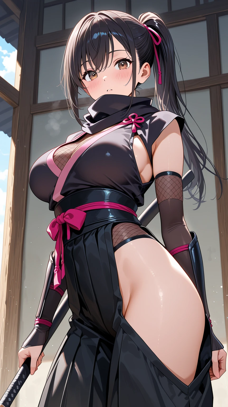Anime style, beautiful girl in sexy ninja body suit, Oiran style hair, smiling.
lots of semi-transparent mesh fabric, sexually alluring.
holding an extremely long katana at waist horizontally, part of blade is out, sexy pose.
Background is a Japanese style garden.