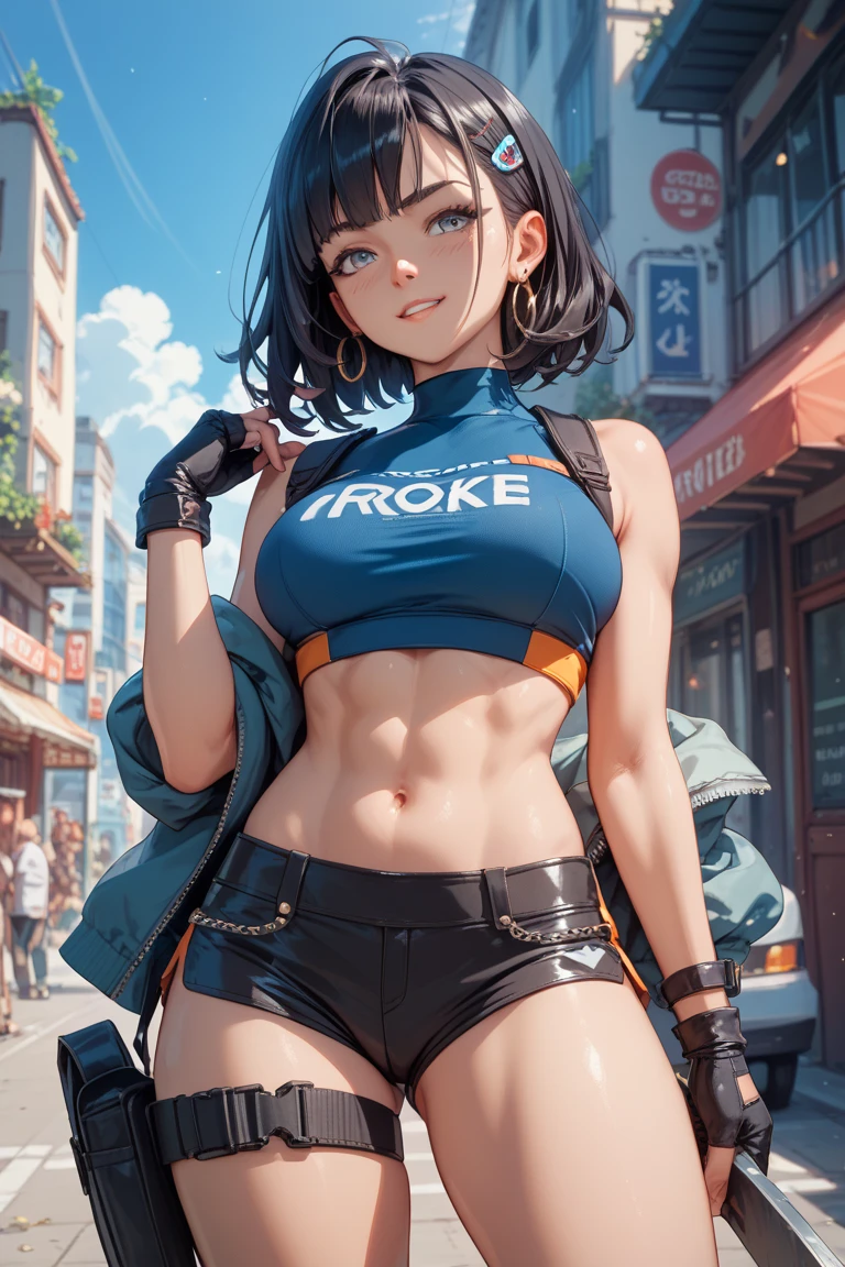 cmodel, digital illustration, (masterpiece:1.2), high quality, detailed eyes, extremely beautiful young female, short hair, streetwear, thicc, (abs:1.2), (bloom:1.2)