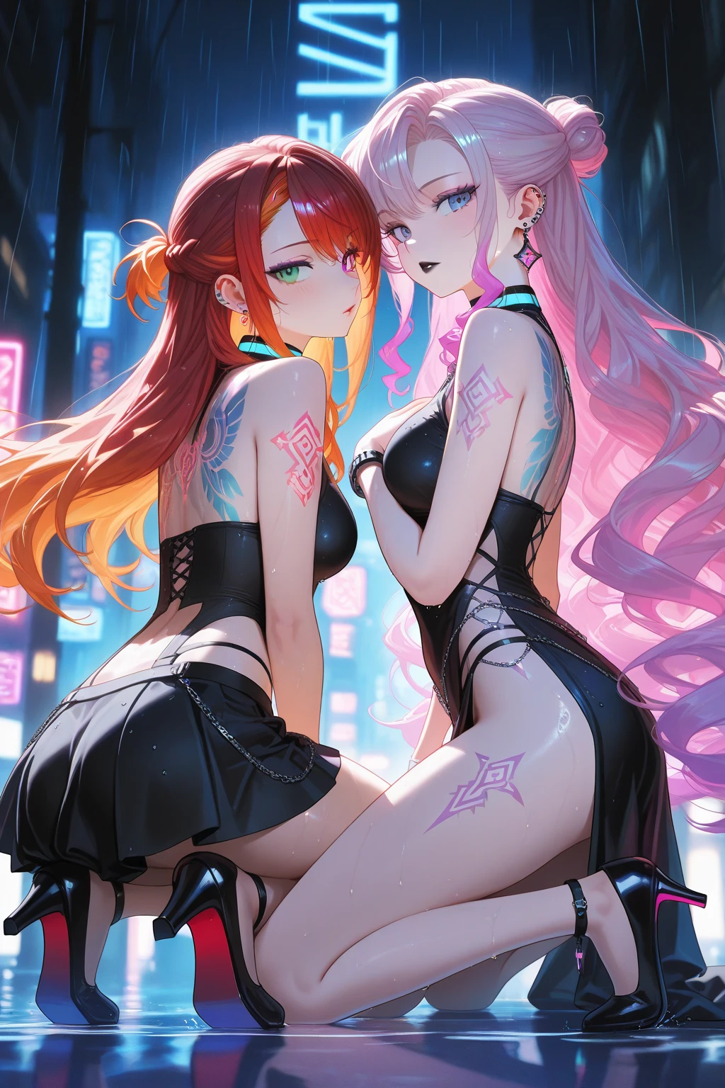 Anime Waifu beautiful detailed eyes, beautiful detailed lips, extremely detailed eyes and face, longeyelashes, 1girl, sensual, young woman, medium breasts, beautiful feminine face, nice thighs, slim, sexy, ??????, beautiful clothes, perfect body, cinematic lighting and framing, (best quality,4k,8k,highres,masterpiece:1.2),ultra-detailed,digital painting,portrait,glamorous,highly detailed,soft lighting,warm color tones aachizuru, long hair,（（Highest quality，，T-And Star Piece：1.3）），Sharp focus：1.2，Pretty woman with perfect figure：1.4，，（Incredibly huge breasts：1.4），（Huge hips），smile，Thin abdominal muscles：1.2，（（Beige Hair，.4）），，Highly detailed face and skin texture，Fine grain，double eyelid、(Black Theme:1.3), (Gothic Punk:1.3), (studded leather jacket:1.1), (Latex leotard, Leotard Fusion Gothic Skirt, Frills, race:1.2), race-up boots, gloves, chain neckrace, choker, Chain Accessories, zettai ryouiki
、【prompt】

break (black and shocking pink theme:1.4), (Sexy succubus cosplay costume with genital tattoos:1.2), (sleeveless black latex high neck crop top with Heart-shaped cut keyhole:1.4), ((Bare shoulders, Bare arms, Bare thighs):1.3), (Black latex low rise micro shorts:1.3), (shocking pink grommet belt:1.3), (Tight latex black long sleeves:1.3), ((A combination of black high platform shoes and thigh-high boots) with heels:1.2), (shocking pink devil horns has bioluminescence glow LED-light on temporal region:1.3), (Large bat wings for cosplay:1.4), (Black wings:1), (shocking pink (Heart-shaped, Heart symbol) Bioluminescent LED light on belly:1.4), (Black prisoner&#39;s bracelet:1.2),
