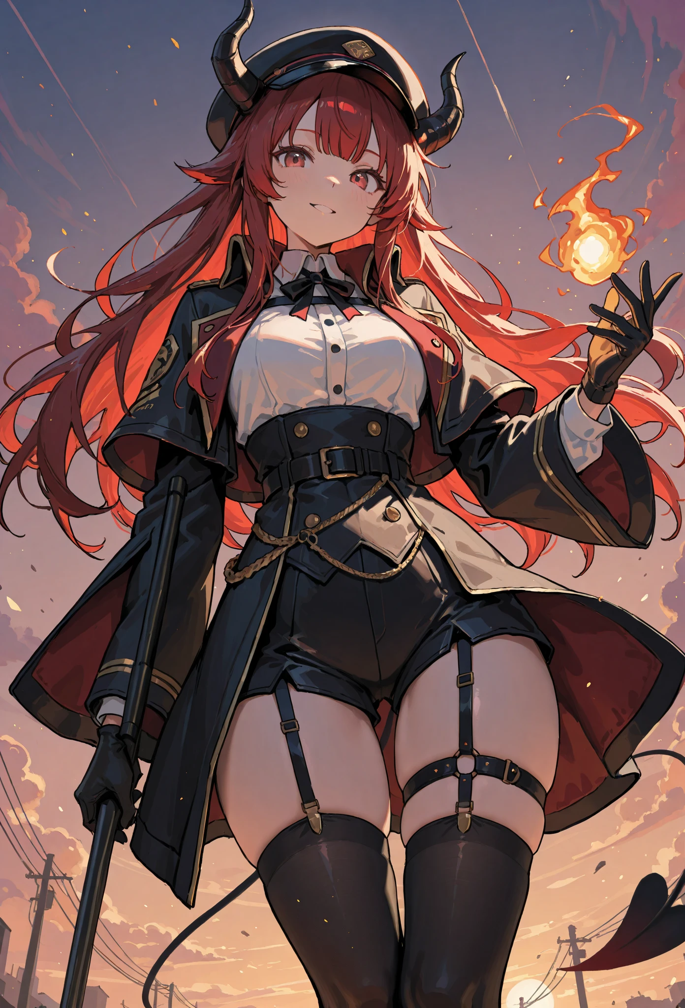 masterpiece,best quality,highres,cinematic lighting,dramatic angle,<lora:ShadowverseTidalGunnerV1:0.8> ,1girl,red hair,twintails,goggles,carrying cannon,hair ornament,hair ribbon,choker,spikes,bare shoulders,necktie,white shirt,fishnet,black skirt,belt,package,explosions,skeleton skull decorations,red eyes,cowboy shot,clothing cutout,:d,fangs,huge breasts,thick thighs