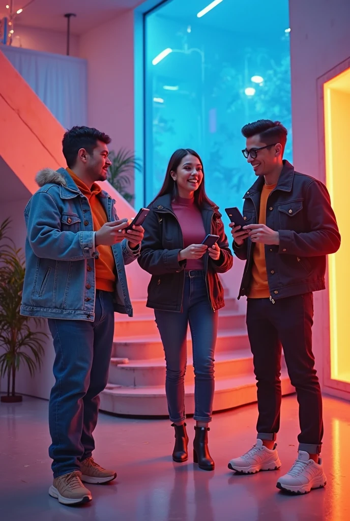 Create a high-definition image of a group of digital influencers at a social media networking event. They should be interacting enthusiastically, sharing content, and engaging with their audience in an engaging way. The image should convey an atmosphere of animation and authenticity. --auto