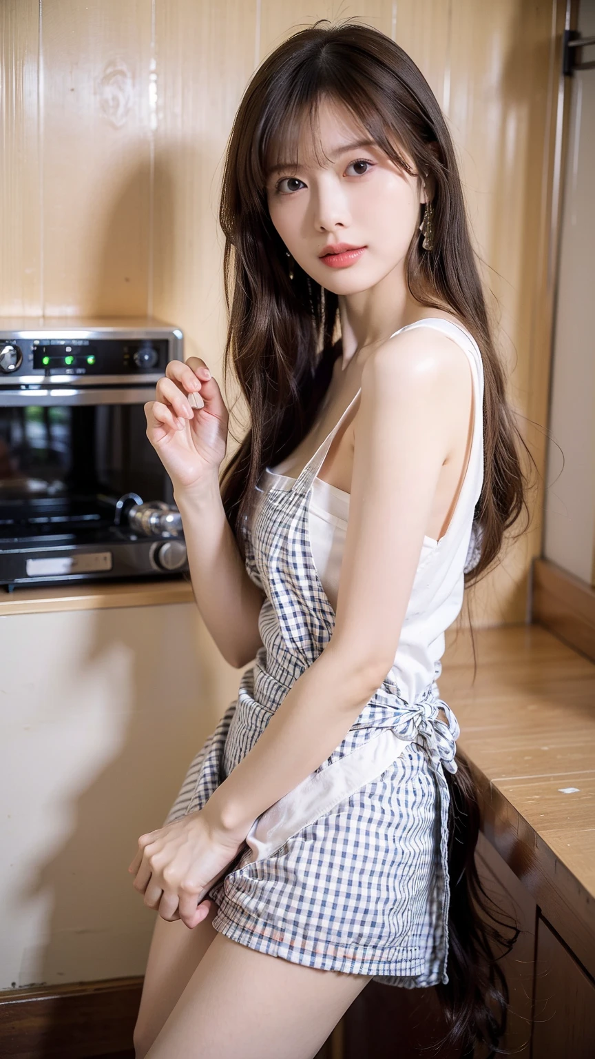 Gorgeus Girl, Beautiful, Baby Face, 20 Years Old, White Skin, Sexy Pose, naked apron, Blue Eye, Bokeh, kitchen Background, Masterpiece, Fullbody Shot,