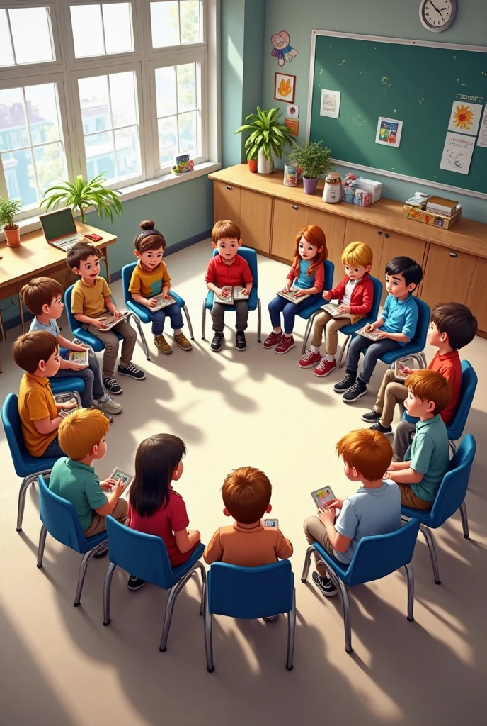 A green ground with white chairs and students boys and girls (realistic not cartoon)