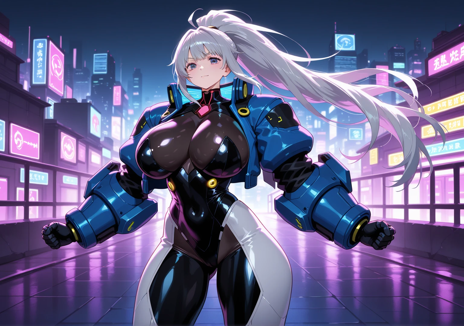 1girl, dark-skinned female, breasts, large breasts, wide hips, white hair, silver hair, grey hair, long hair, yellow eyes, serious, leotard, black leotard, futuristic, tech, science-fiction, machinery, neon, neon trim, neon lights, full body, ((full body)), bare legs, city, moon, nightsky, night sky, night, rabbit ears, mature female