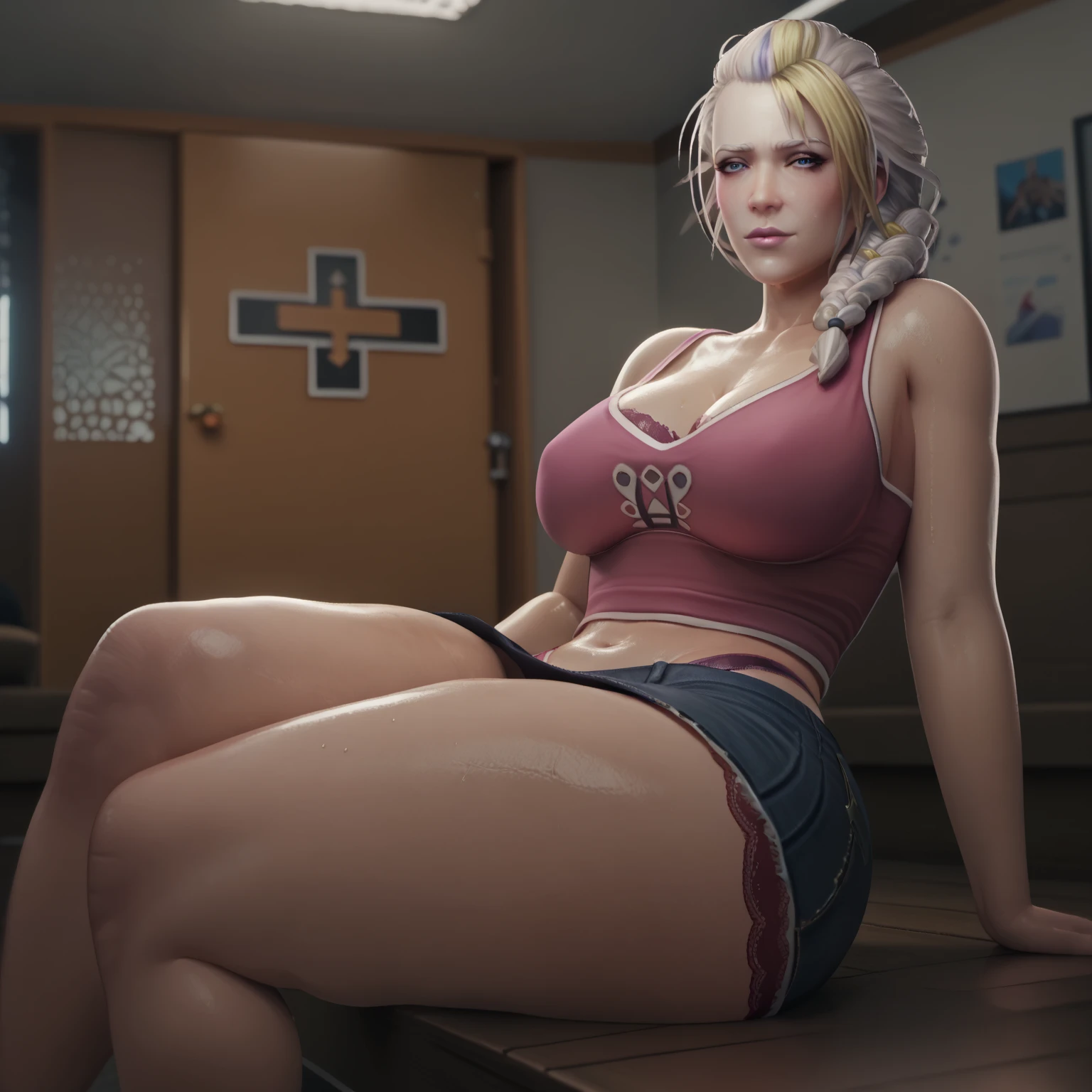 Muscular criminal girl, (sexy busty) prisoner in a cell (beauty young) (23 years) (high heels), her shoulder-length blonde hair somewhat disheveled (has a punk cut) (punk hair), She is sitting with her shapely legs crossed (nude big boobs) (muscle girl) (muscular abdomen) (White skin) next to her cellmate who is an even more muscular long-haired brunette with a tattoo on her arm and has a penis (2 girls (nude)) (jailhouse)(2 prisoners) (blonde girl and another big and very strong brunette girl) Brunette with hair up and blonde with hair down