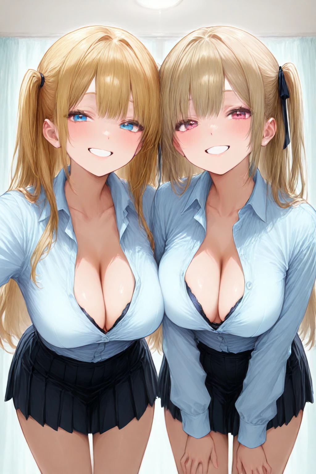absurd, 8K, high resolution, ultra-detailed, beautiful, masterpiece, best quality, very pretty woman, young, very pretty woman, black mini skirt, open white shirt, high black shoes, blue eyes, sexy, detailed female face, very attractive, (very large breasts: 1.5), long, very straight hair, light blonde hair, (2heads:1.5)