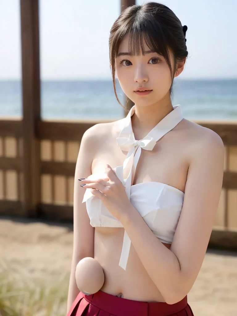 Mastepiece, Best Quality, (Highest quality、8k、masterpiece:1.3)、Ultra-high resolution、Physically Based Rendering、(Photorealistic:1.37)、Beautiful woman with perfect body:1.4、Slim abdomen:1.2、Highly detailed face and skin texture、 Red Cheeks、White skin、Narrow waist,Thin legs、Highest quality,Very beautiful woman, (cute:1.2),Perfect Glowing Skin、((Entering the sea))、(((Full nudity)))、(((Upper body nude)))、(((Pubic hair is visible)))、smile、((Hair blowing in the wind))、(((Immerse yourself in the ocean)))、Splash、Blue sky、The Wide Ocean、(((Wet body)))、((A wide background without buildings))、(((Small Breasts)))、((((Wrap lots of ribbons around the body))))、((A bow tie))