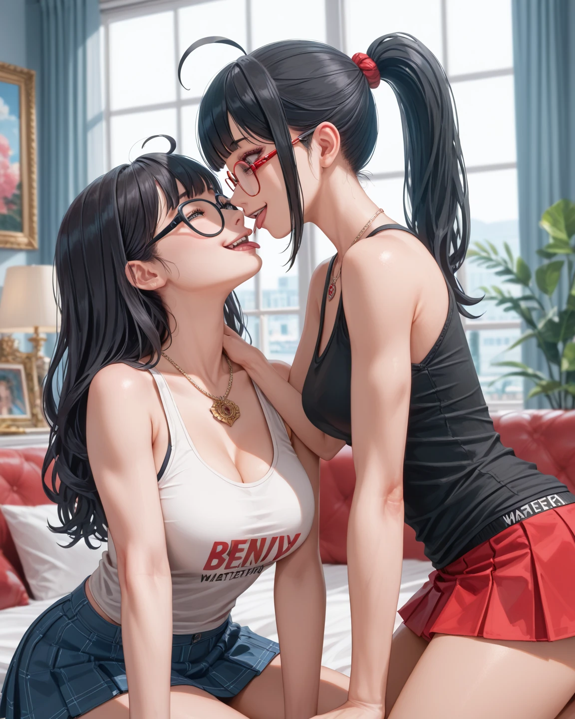 2 women with short hair falling into strands with tip at the end, one woman with pink hair and the other with white hair, (black tank top: 1.2), (black broken shorts: 1.2), fishnet stockings, thigh high stockings, yellow eyes, glasses, carabaas, pendants, (big tits: 1.5), large hips, (abraso), (looking at camera), without panties, makeup, (2 girls), best quality, masterpiece, (realistic: 1.2), young women, detailed face, detailed eyes, detailed hair, detailed skin, dramatic, vibrant, sharp focus, 50mm, F1.2, EOS R8, (3/4 body: 1.2), standing, (complex background: 1.6), (Best quality details: 1.2), 8K High definition, 2 girls hugging each other looking at the camera with a small smile on their face, (small smile), (view from above: 1.5), (on all fours), top view, (view from above)