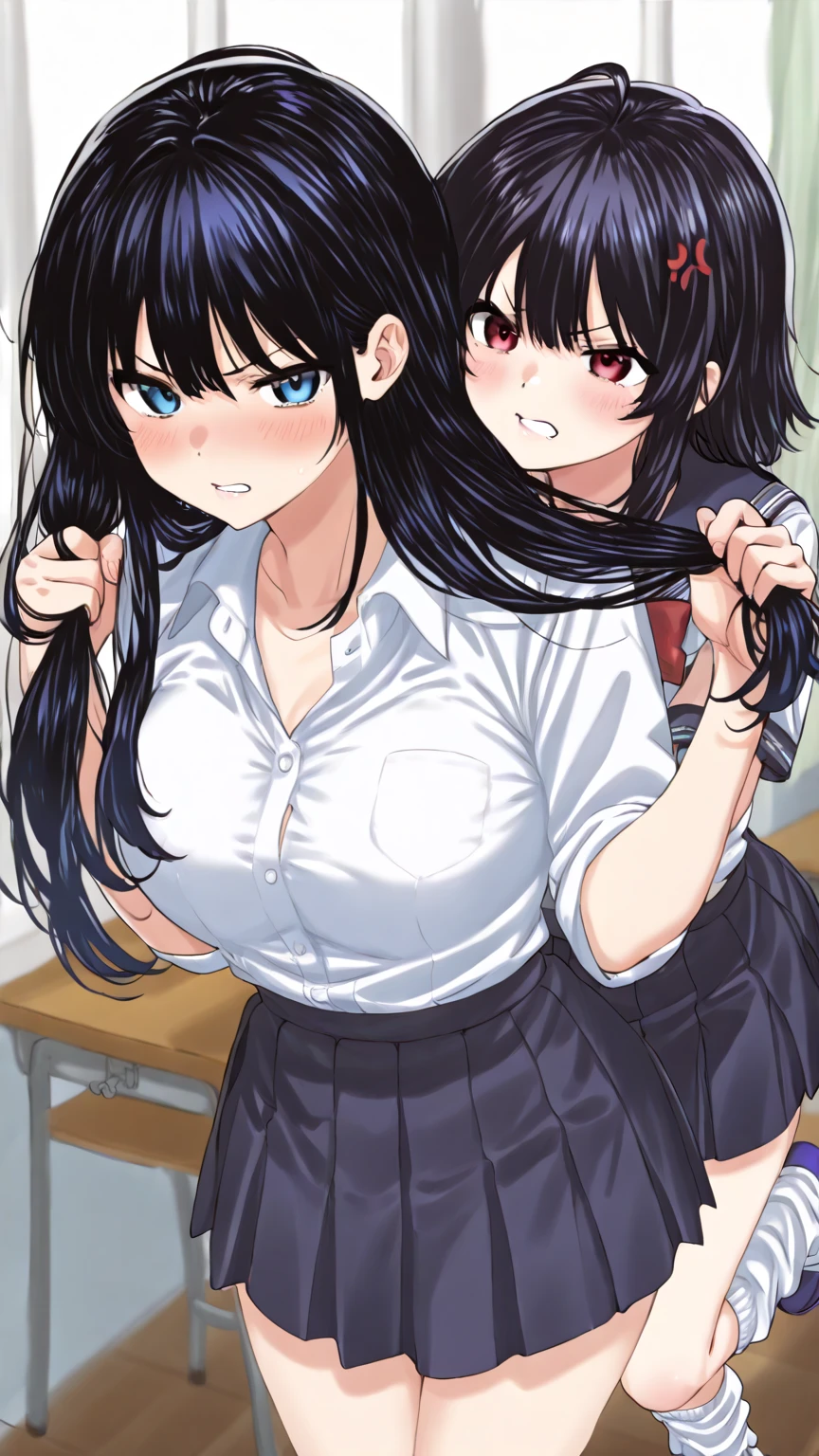 ((Grabbing a dildo inserted in her pussy)), Pleated skirt, My Room, (Angry face, blush, Sweat), standing, navy long hair, Big Breasts, pussy Juice:1.5,
