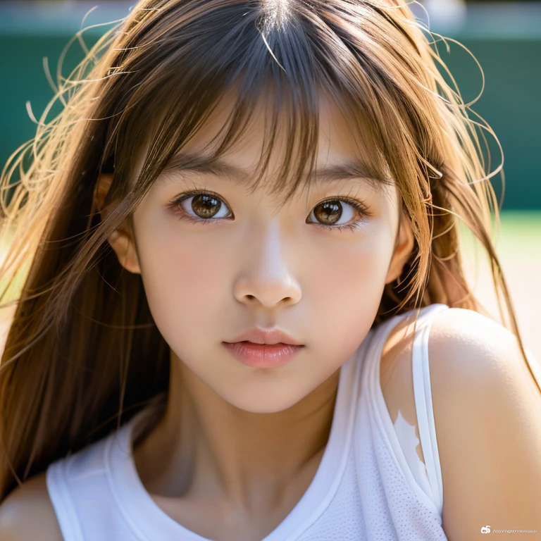 ((((Detailed explanation)))),(((masterpiece、Highest quality、Very detailed:1.42、Focus on the eyes)))、Female in her late teens、Portraiture、Blurred cityscape at dusk、Silhouette of buildings and street lamps、medium length dark-brown hair、natural wavy curls、The wind is blowing softly、Some hair falls to the side of the face、Skin is smooth、Healthy olive color、The tan lines are faintly visible、Natural redness on the cheeks、I have a few small laugh lines on my forehead、Eyes with dark brown irises、The pupil is shining, Reflects light、Long curled eyelashes、Highlights the eyes、Eyebrows are thin and trimmed、Natural Arch、Small nose、straight、straight nose、lips are plump、soft pink lip gloss、Ultra-thin camisole、Barefoot and barefoot、A simple silver bracelet on her right wrist、A small diamond earring sparkles in her left ear..、The expression is calm、have confidence、smile、(((Emphasize the contrast between light and shadow)))、Realistic textures and facial details