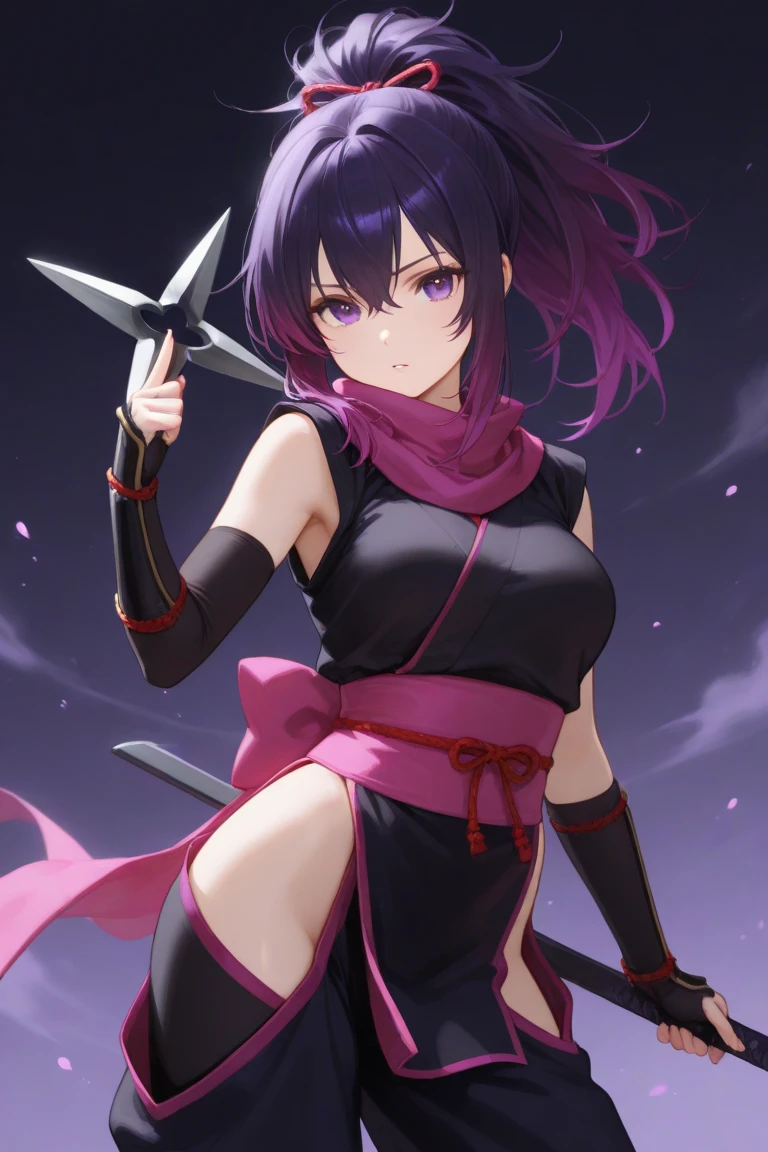 Ninja Girl，Ninja clothing少女，scarf，scarf，Purple with black，Purple with black，Ninja clothing，Tights，Nightwear，Big Ass，Big butt，Thin waist，cute，Kunai，Short knife，手持Short knife，Bandage，腿部Bandage，arm，arm，Close-up above the waist