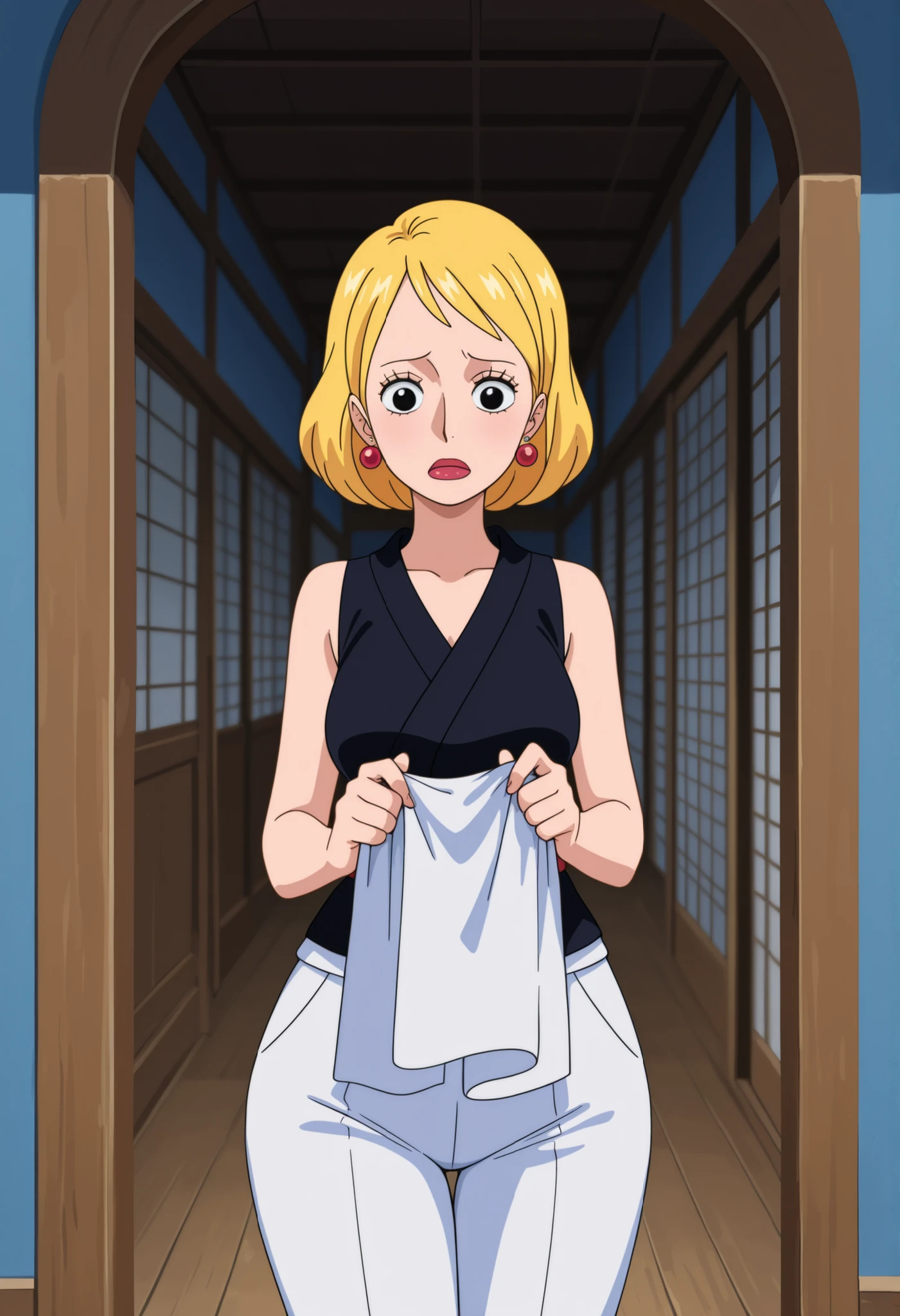 Beth Smith, mature woman, blonde hair, solo, medium hair, small saggy , huge . earrings. red lips, black eyes | Location: The white plaster wall of a Japanese castle. At the wall, A cute little anime ninja girl is holding a huge rectangular piece of cloth on both hands, and trying to hide behind the cloth, but is having trouble because the pattern of the cloth is bricks. The girl looks like this: Cute little anime girl. Her face is rounded.  The front hair is cut above the eyes.  She is wearing sleeveless kimono-like ninja upper clothes with white curlicues and pants with white curlicues, the black T-shirt underneath, and black wristbands. The top and bottom of the outfit are one piece. She is confused and panicked. A dynamic angle that captures her whole body and her surroundings.