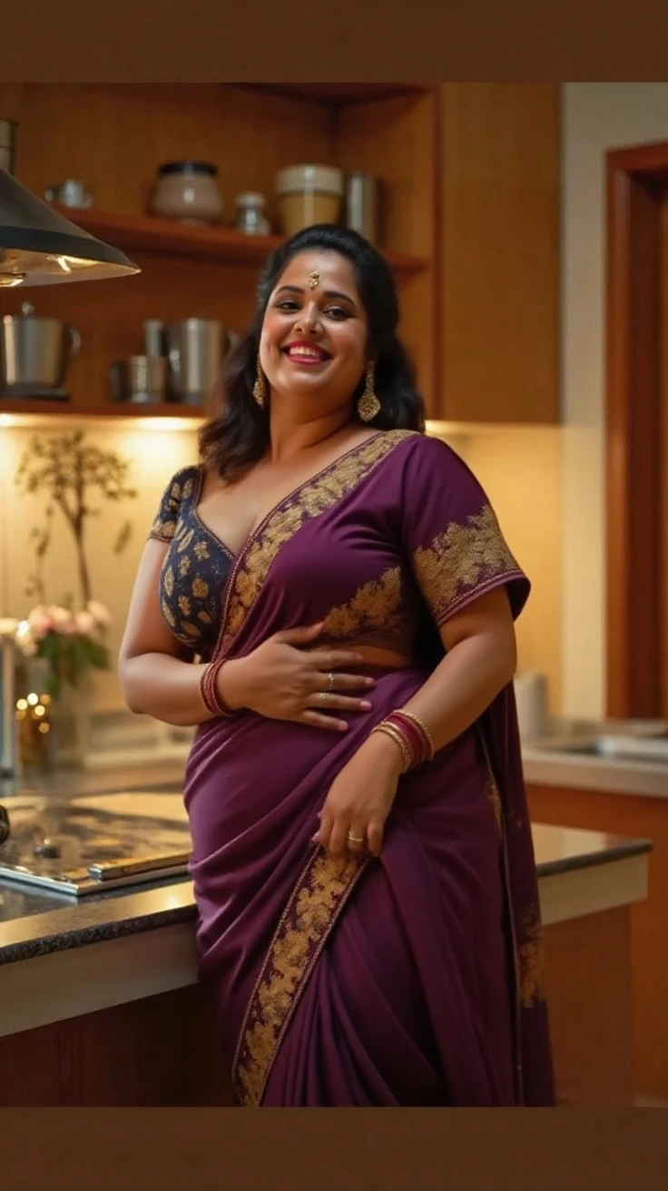 A 3 plus sized South Indian women wearing a blue colour silk short skirt and black colour shirt, standing in a kitchen 