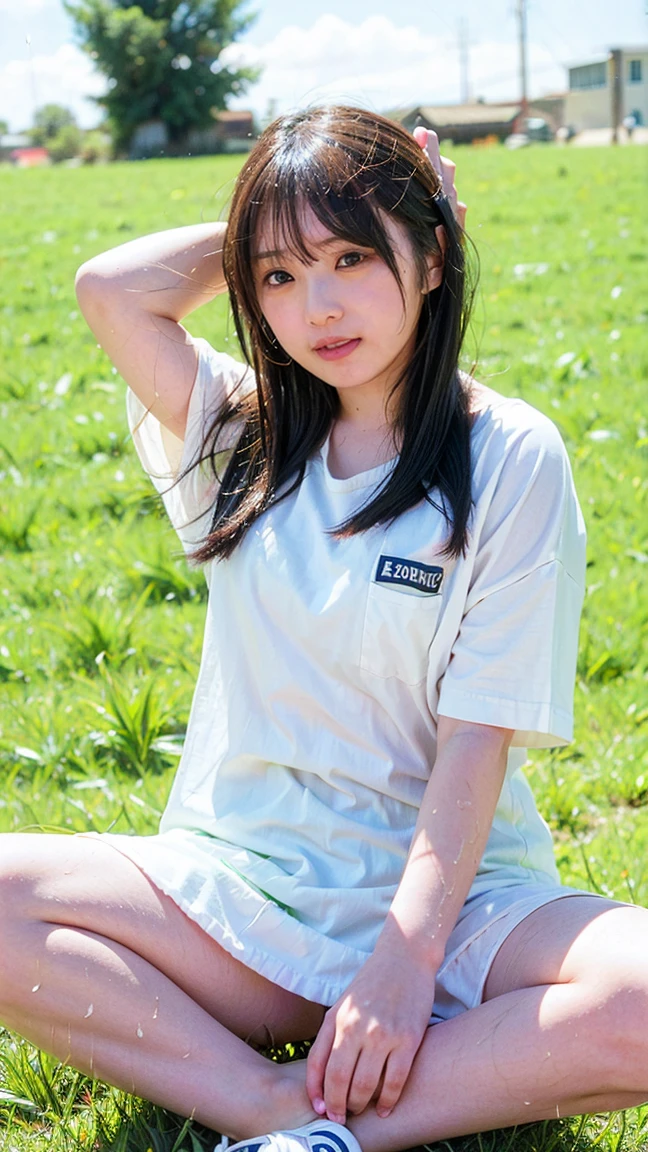 (8k),(masterpiece),(Japanese),(8-year-old girl),((Innocent look)),((Childish)),Front view,smile,cute,Innocent,Kind eyes,Plain T-shirt,Short sleeve,Blue checked short skirt,semi-long,Hair blowing in the wind,Black Hair,Somewhat strong wind,noon,bright,Skirt Lift
