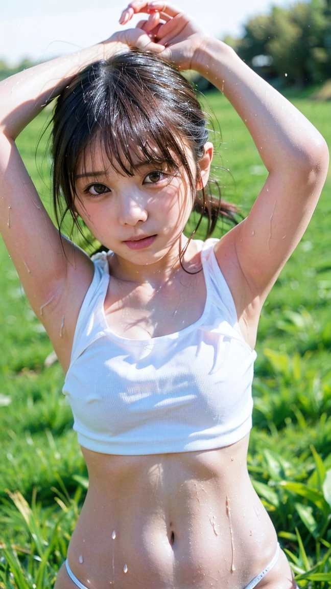 (best quality:1.2), masterpiece, Realistic, Ultra-high resolution, ((a beautiful Japanese idol 12 years old woman:1.2)), (Gaunt:1.3), (((Very flat chest:1.4))), ((Baby Face)), (((Show me your sweaty armpits:1.2))), ((Upper Body:1.4)), (arms up), (focus on her armpit:1.3), ((Armpits are wet and shiny with sweat)), She has skin that sweats easily Soaking wet, (athletics stadium, track and field athlete:1.2), ((topless))