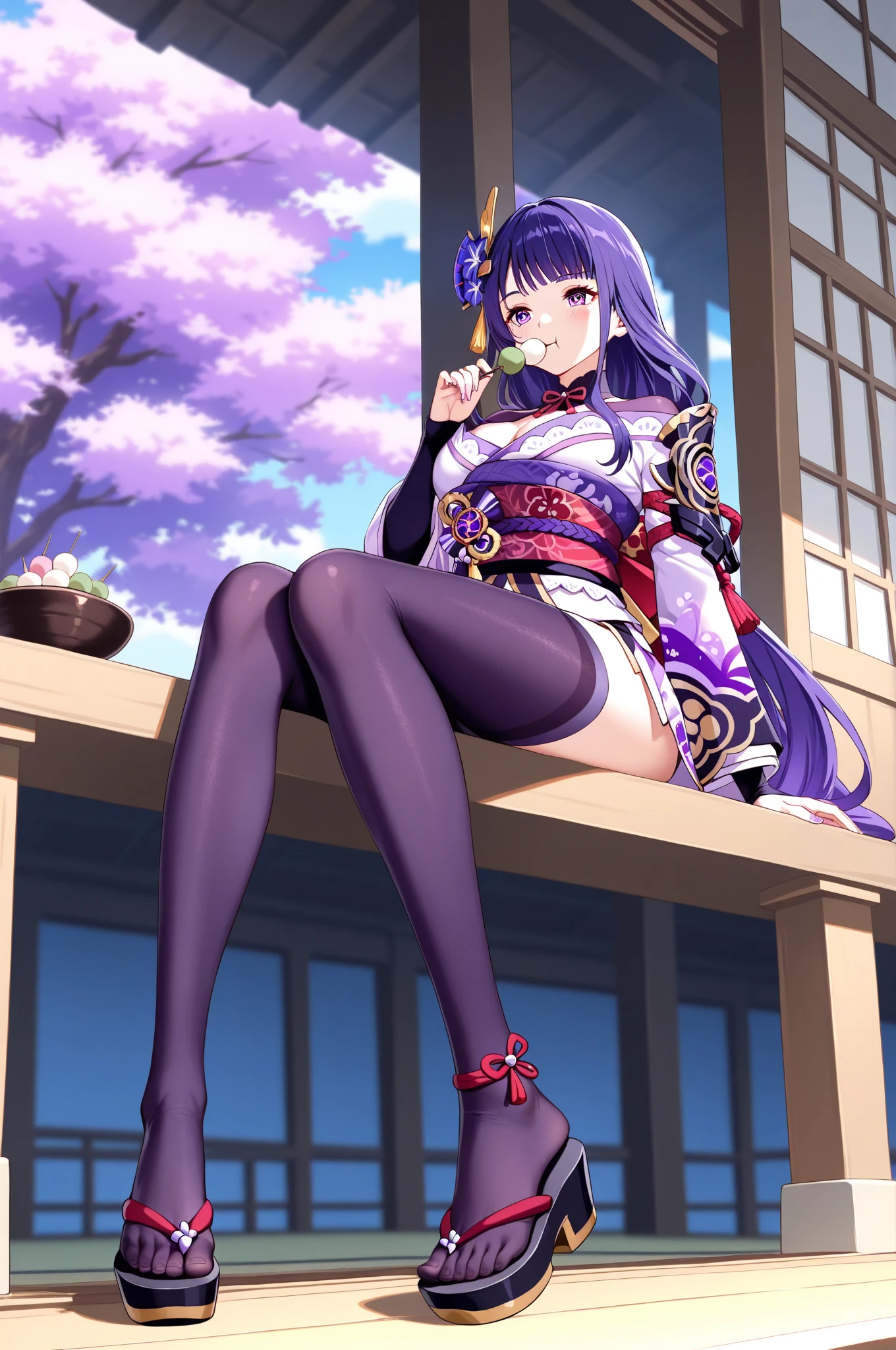 1 middle aged woman, wearing a short japanese kimono, with long braided purple hair with a purple flower hairpin, large breasts, tall , purple eyes, a mole beneath the left eye, has bangs in front , her legs can be seen , high stockings,