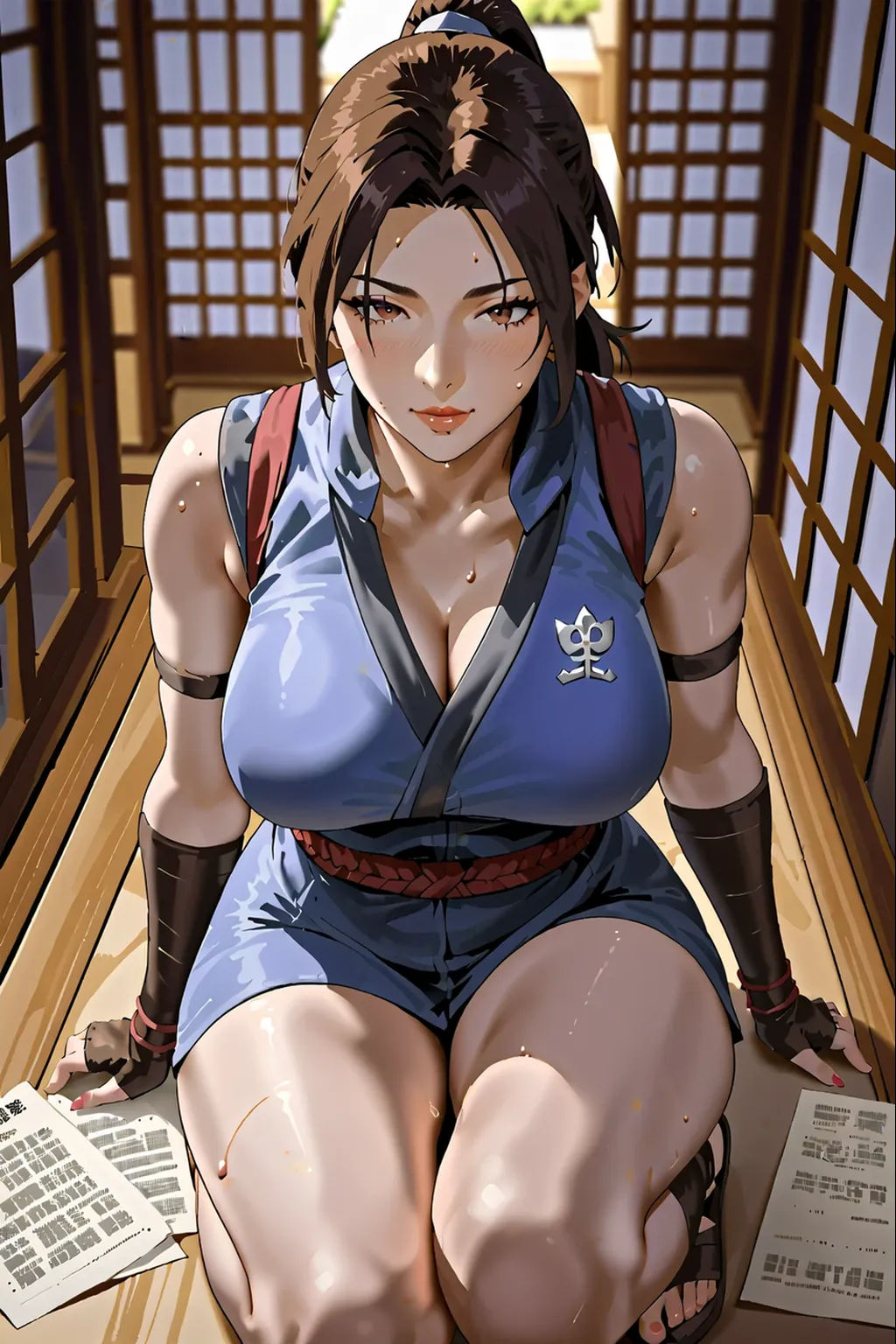 (hyper realistic girl: 1.2), ((18 year old Tenten)), full body, single body, looking forward, sitting on ground, (inner thighs exposed), knees bent, (short straight hair) , (big breasts:1.2), Female room, Traditional Japanese Room, Hyper realistic, cinematic lighting, (octan render), ray tracing