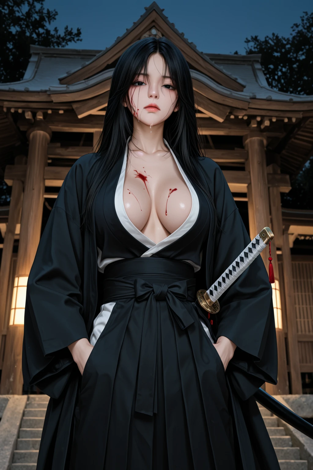 8K,Close-up portrait of a person holding a sword in front of a full moon、A very beautiful cyberpunk samurai、having katana、having katana、Inspired by Yoshigai Kano、woman samurai、Knives、large sword、demon samurai、from arknights、Ghost Beast Waiter、She with a sword、kunoichi、Dramatic Katana Wielding Pose、(hyper gigantic breasts:1.4)