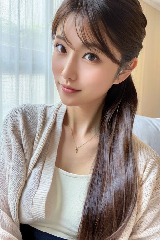 Selfie photo taken with a mobile phone、highest quality, Realistic, Perfect Human Anatomy, Very detailed, Very delicate and beautiful, Raw photo, Professional Lighting, Illumination, Depth of written boundary, Single focus, whole body, Skinny Japanese woman, 30-year-old woman, Brown Hair, Small Head, Beautiful Eyes, True Face, Realistic skin, Fine grain, (Fashionable hairstyles: 1.3),Bust Emphasis