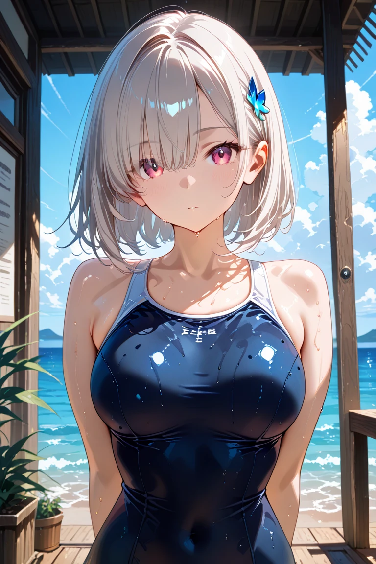 1 girl, kanon kanase,  blush, medium breasts, sleeveless,((sleeveless, swimsuit)),  30-year-old, healthy skin, dominant, dominance, dominant girl, beach, water, sum, multiple views,cum,cum on face, after sex. 