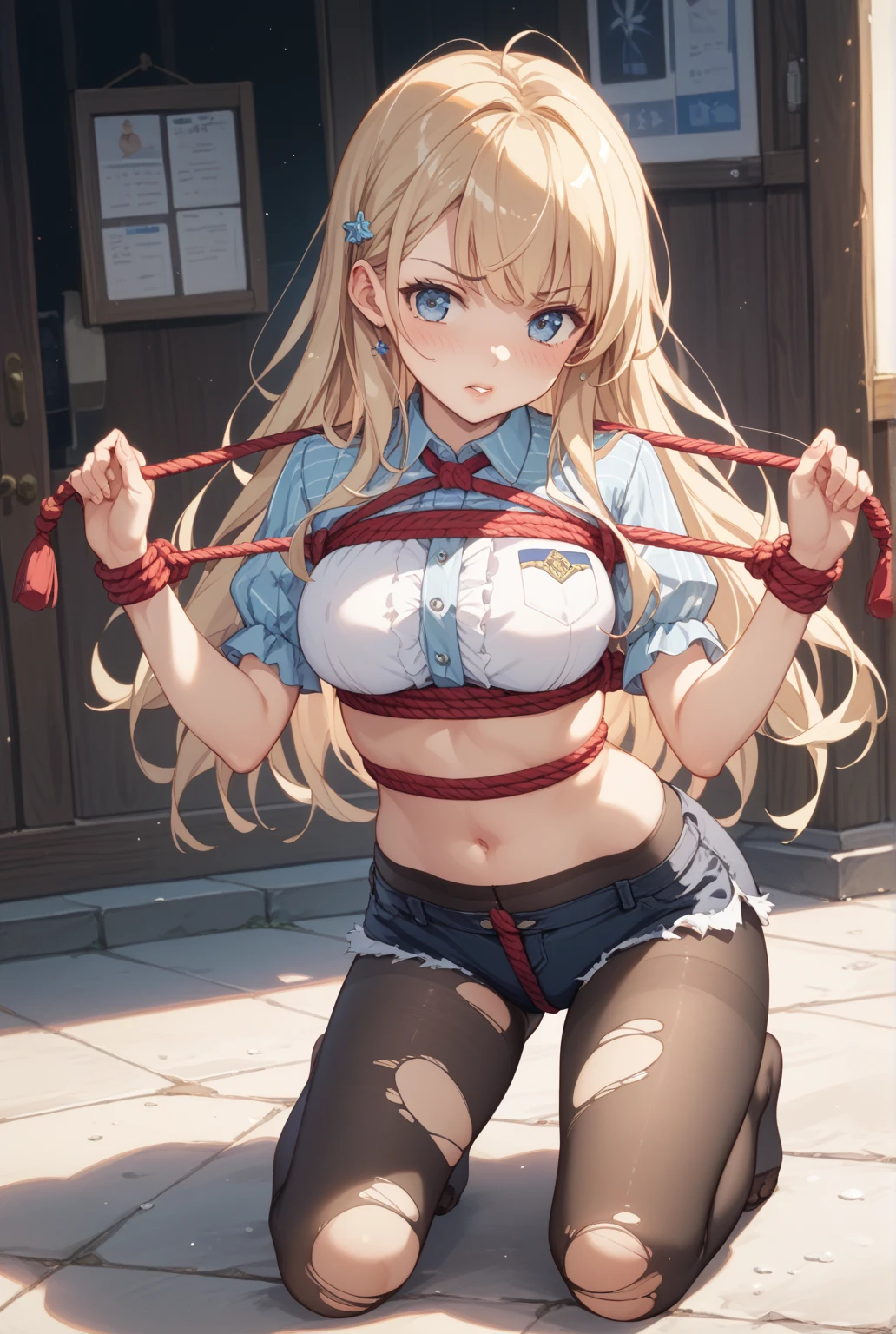 ((masterpiece,best quality anime,Highest quality:1.3)),penis,(fellatio),cowboy shot,(Mature Beauty),solo,1woman,((very small head:1.3)),((ideal ratio body proportions:1.2)),blonde hair,high twin tails,straight long hair,bangs,gorgeous eyes,brown eyes,open mouth,tears,(shibari over clothes,hemp rope、Black sleeveless、turtleneck、navel、Black pleated mini skirt),Black leather shoes、black_thighhighs,((slender body,skinny,toned body)),medium breasts,gleaming skin,shiny skin,sweat:1.3,arms behind back,kneeling,Back Alley、shibuya、Tokyo、BDSM,nsfw,