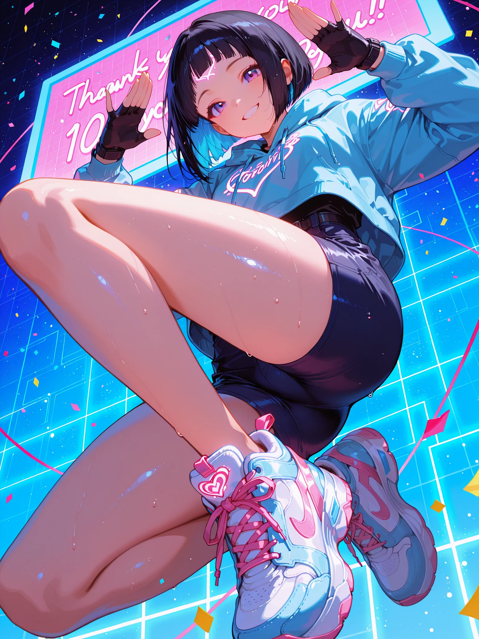1girl, (Kicking girl)、from the front、Angle from below、(evil smile), ((kicking)), 
panties, Street Fashion、(1boy), (((penis))), (((eject cum))), The boy collapses under the girl and ejaculates from his penis、The boy had a fight with the girl and lost to her.、