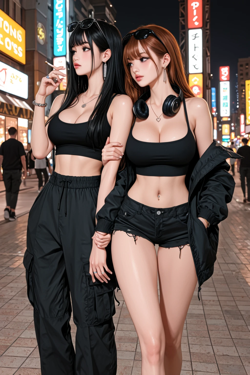 Beautiful woman drinking a soda, wearing cleavage, ???? look thick thighs long black cables extremely detailed