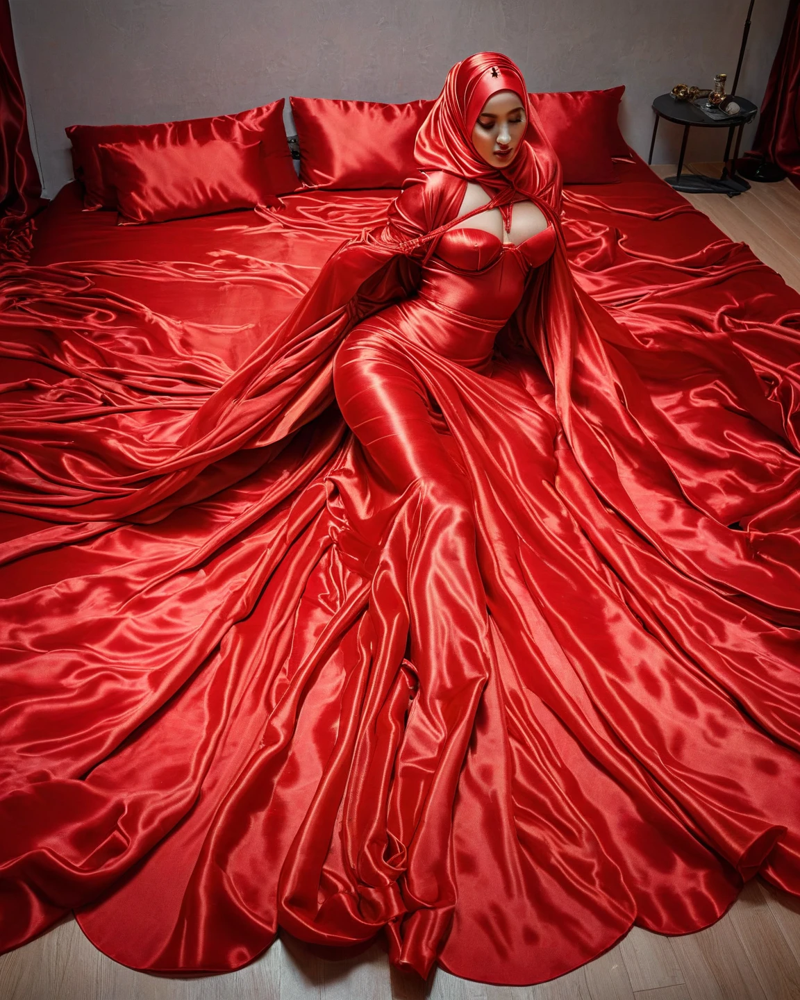a woman in the translucent silk red gown, tight full body tied, satin sheet, nipple on with nipple piercing, wearing translucent veils, blindfolded, face cover with satin veil, satin hijab, full body, long satin,mermaid tight long gown, flowy dramatic long gown, tall women, satin bed, strugle to walk, wear high heels, satin bed, masterpice.