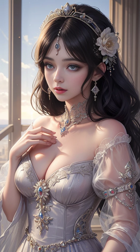 ((Best Quality)), ((Masterpiece)), ((Ultra High Resolution), (Intricate Detail), (Soft Lighting), Cinematic, Dramatic, Composition, Clear Sky, Fauvism, Surreal, Epic, Awe, Crazy Level of Detail, 1 Woman, (Beautiful Body), (Center Opening), (Short and Tight Waist Apron), (Layered Sleeves), (Full Body Shot) , (long black hair: 1.5), 35mm, sharp, surreal, necklace, (detailed ornaments), hair accessories, earrings, bracelets, rings, soft lips, pink lipstick, blue eyes, narrow waist, huge breasts, real human skin, lens flare, shadow, backlight, depth of field, natural lighting, street background, smile, blush, depth of field,