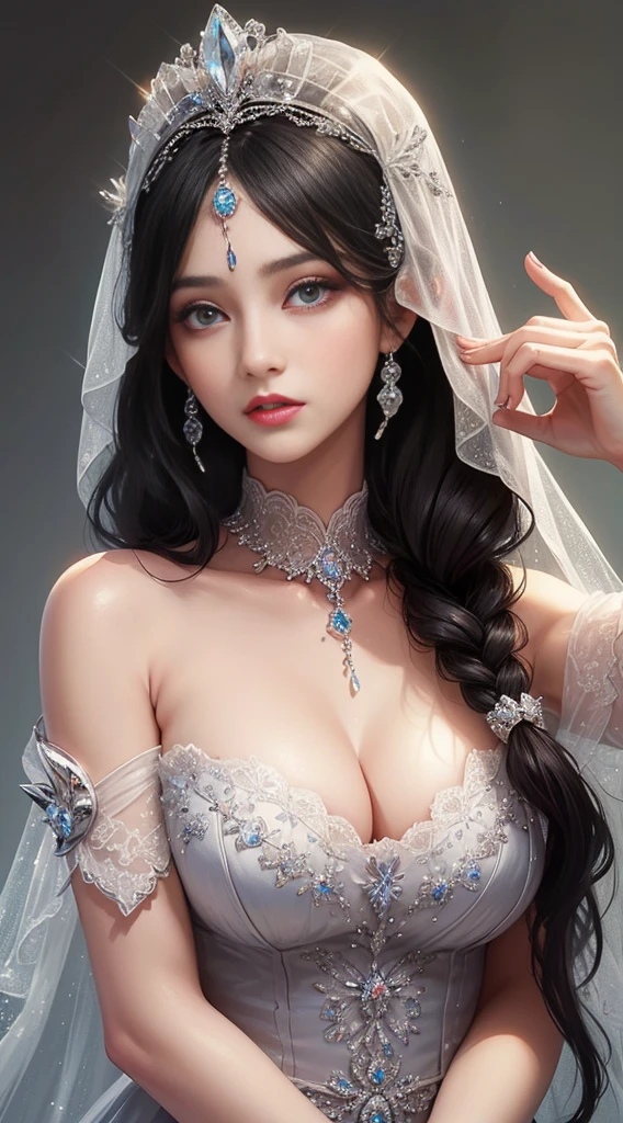 (best quality, ultra-detailed, realistic:1.37), vibrant, stunningly detailed eyes, elegant detailed lips, long eyelashes, intricate Pedantic Outfit, flowing dress, elaborate embroidery, vibrant colors, exquisite lacework, delicate accessories, bejeweled hairpiece, graceful pose, luxurious fabric, professional studio lighting, portrait, high-res, painterly, soft pastel hues, gentle lighting