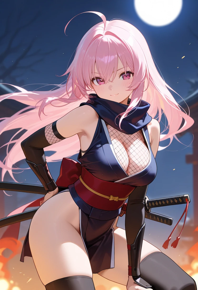 4K,High resolution,one woman,pink hair,short ponytail,green eyes,big breasts,ninja,ninjaの服,side boob,Japanese sword,japanese village