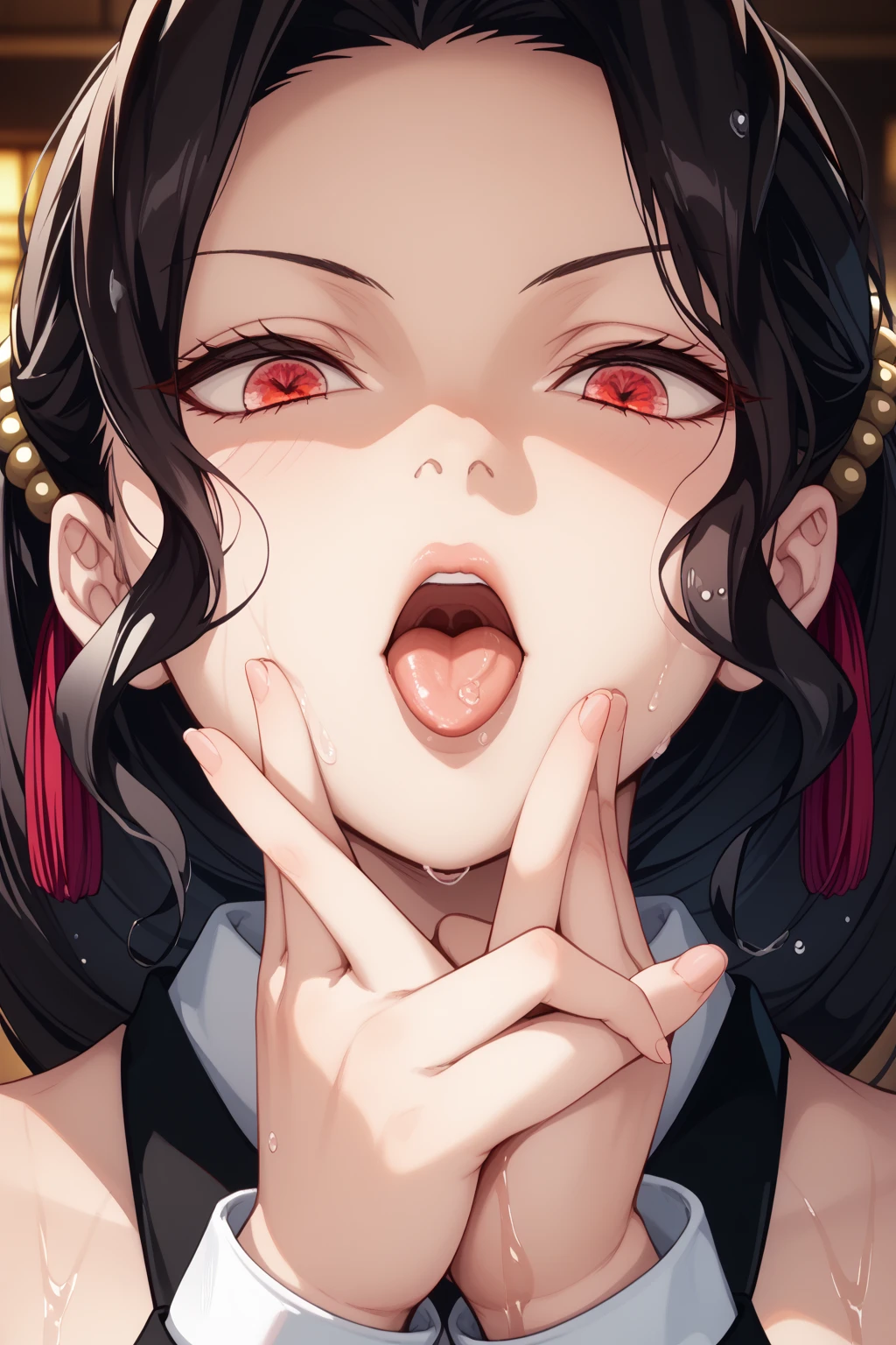 White milk stains on the face and chest The mouth opens wider and protrudes from the tongue below the chin There are peach heart pupils inside the eyes