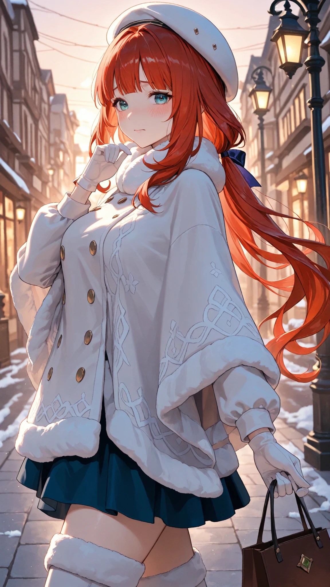masterpiece、top quality、 4K、masterpiece、 Ultra High Definition 、snow、Sunset、Street Corner、shopping、The woman is so cute、I'm so embarrassed、Laughter、Blush、feel、 Nilou (Genshin Impact)、Red hair、white beret with fluffy hair on the head、winter clothes、poncho、 walks through the city、Street lamp、white gloves、white overknee、While walking、Turn to the side and look over here、wave
