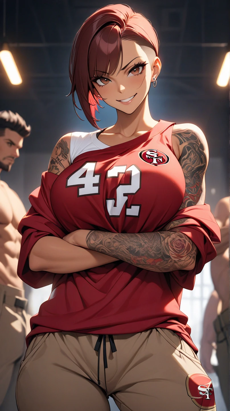 score_9, score_8_up, score_8,1 girl, solo, toned giant female, ((brown hair)), ((tall and big girl)), massive body, ((ponytail cap)), long hair, wide hips, muscular things, eyelashes, arm tattoo, park in the background, after jogging, horny, insanely aroused, bedroom eyes, big breasts implants, tight clothing, tube top, open jacket, baggy oversized long  shorts, round breasts, breasts together, sweating profusely, textured skin, skindentation, expressive, exhausted, looking at viewer, smile