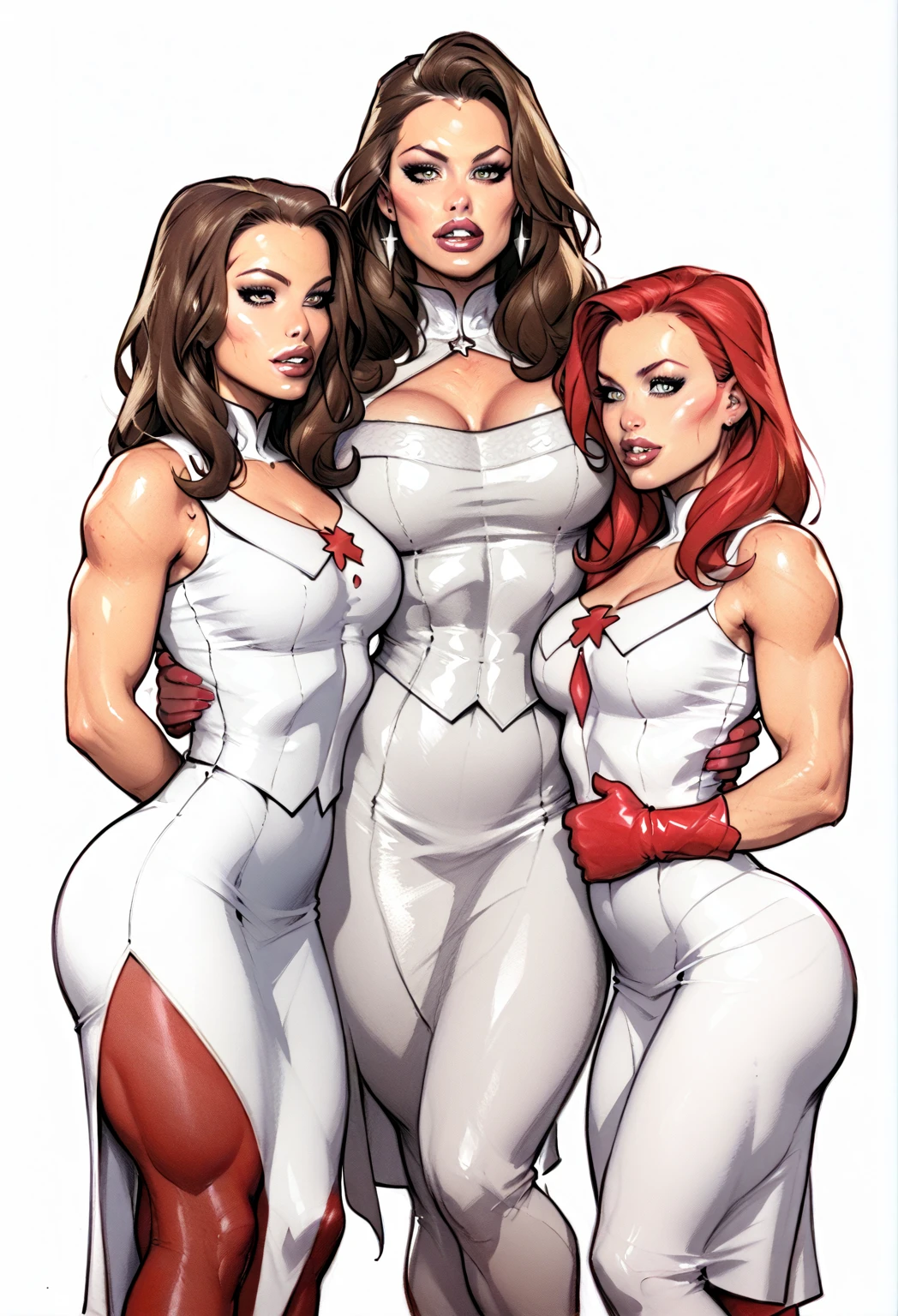 Full body picture:(masterpiece:1.2, best quality),(Very detailed),8K,wallpapeve women standing in a row,Full body picture,All wearing white pantyhose,Figure skater,Tall figure,Long legs,muscular,((Super Sentai))