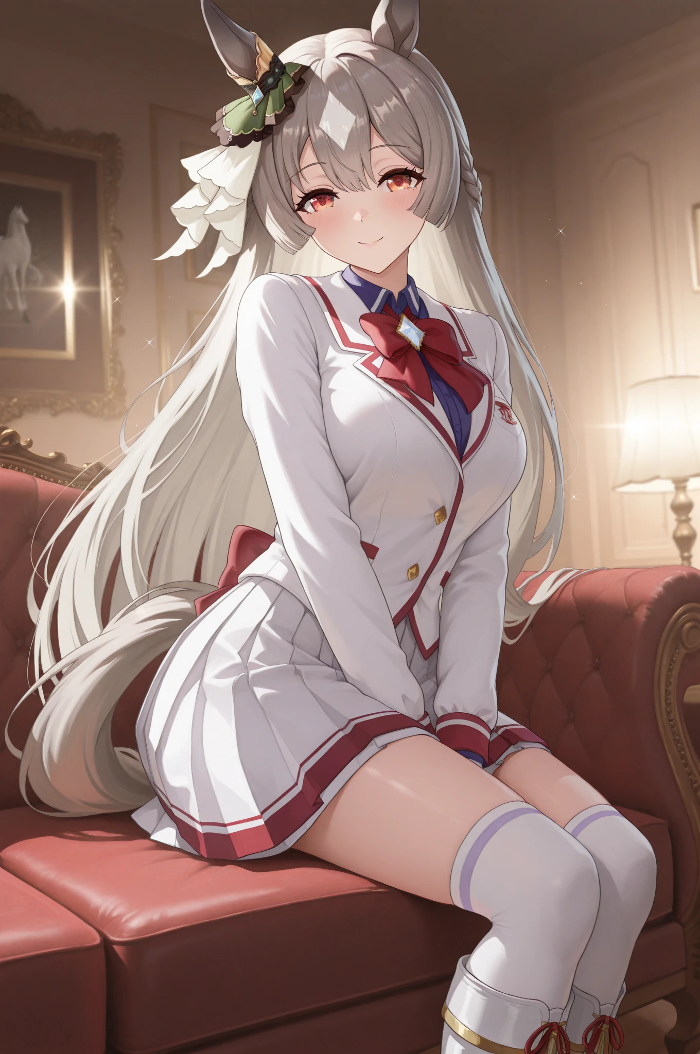 young girl, silver-red hair, red eyes, beautiful and detailed eyes, white academy uniform, blazer, big breasts, long hair, (In the flower garden )Smiling mischievously