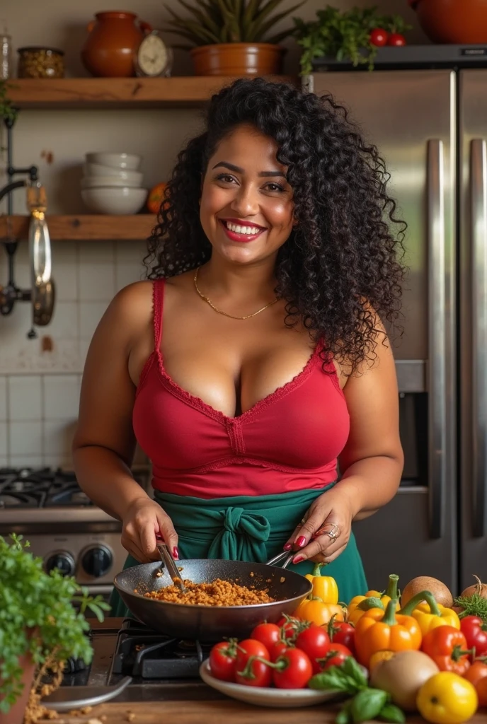 MariaRivera, freckles, long curly black hair, dark skin,brown eyes, hoop earrings, green shirt, pink skirt, looking at viewer, smiling, happy,medium shot, standing, holding plate of food, grilled chicken, inside cozy kitchen, soft lighting, high quality, masterpiece, <lora:MariaRivera:.7>