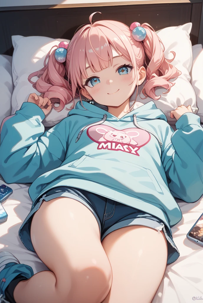 anime girl, pink hair with two cat ears on top of her head, blue colored eyes, wearing a white sweatshirt with black baggy pants, playing with ball of yarn