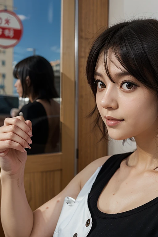 <lora:RenaNonen:0.9>,masterpiece,best quality,official art,extremely detailed CG unity 8k wallpaper,1girl, like student,pretty,an extremely delicate and beautiful,ultra high res, (photorealistic:1.4), ,golden hour lighting,,(upper body), (platinum short hair:0.8), ((puffy eyes)), looking at viewer, facing front, smiling, laughing,jk skirt, white dress,shirtlift, long black hair