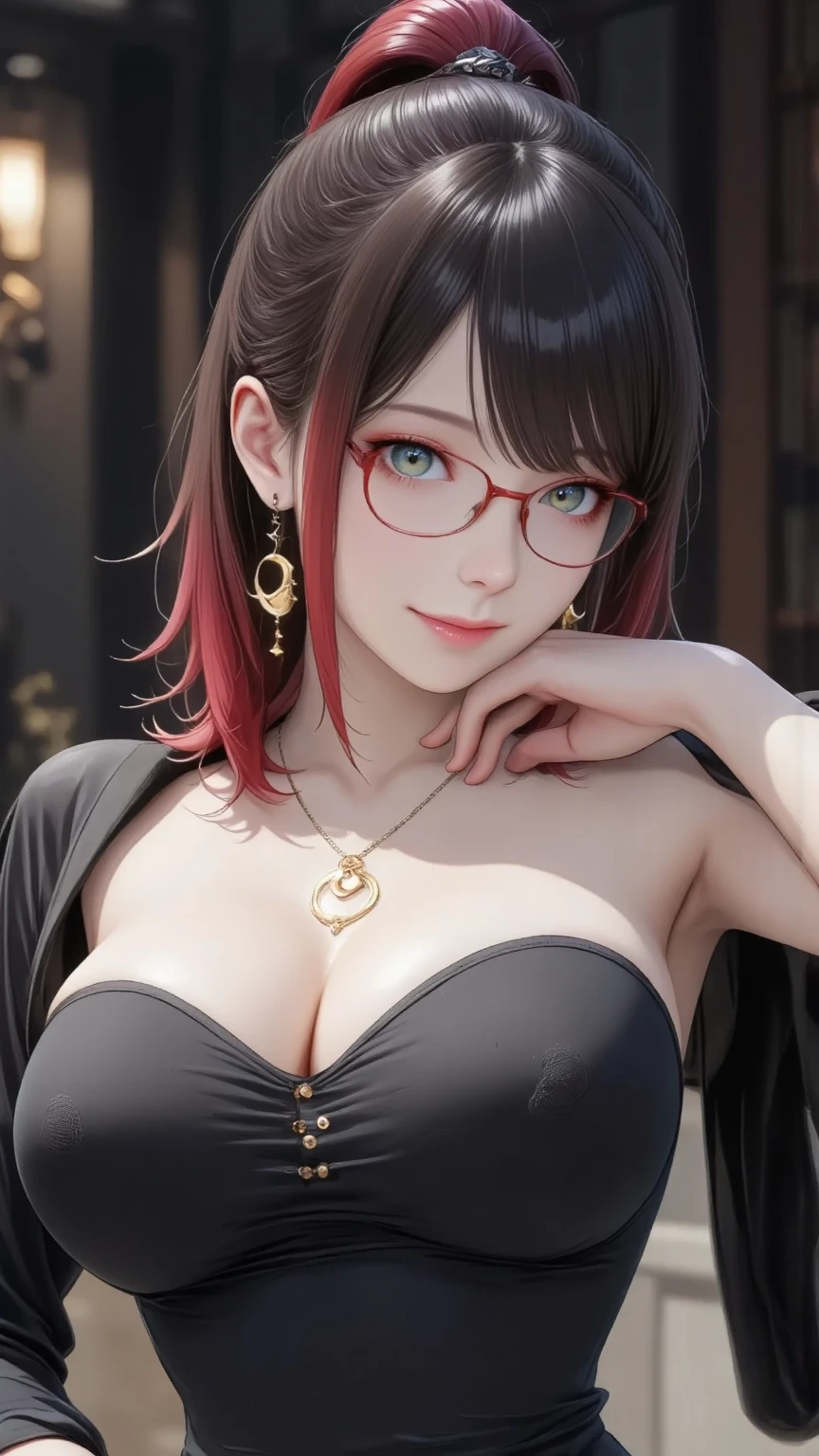 1girl, natural lighting, masterpiece, highly detailed, illustration, game CG, absurdres, high quality, beautiful detailed eyes, glossy lips, natural lighting, medium breasts, klaudia valentz, collarbone, cleavage, corset, red dress, light smile, night, neon lights, red carpet, crowd, jewelry, necklace, blush, side slit, glasses