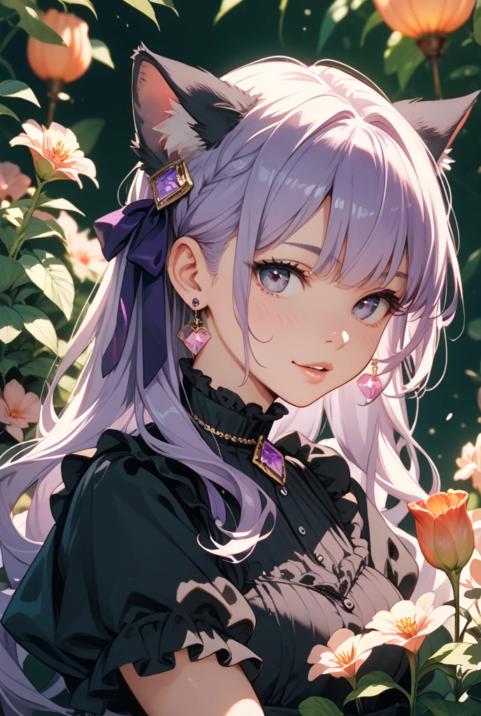 Silver hair, pink eyes, body, cat ears,  girl, earrings, flower sky background,pink blue uniform, hair bows, sit down, happy face